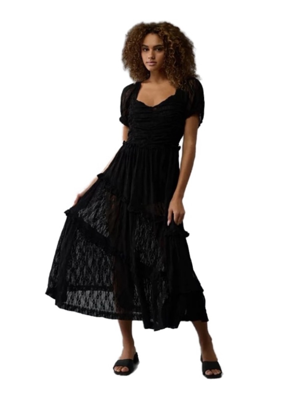 NWT AE American Eagle Mixed Knit Lace Bodice Midi Romper Dress Black Size L NEW - Picture 2 of 12